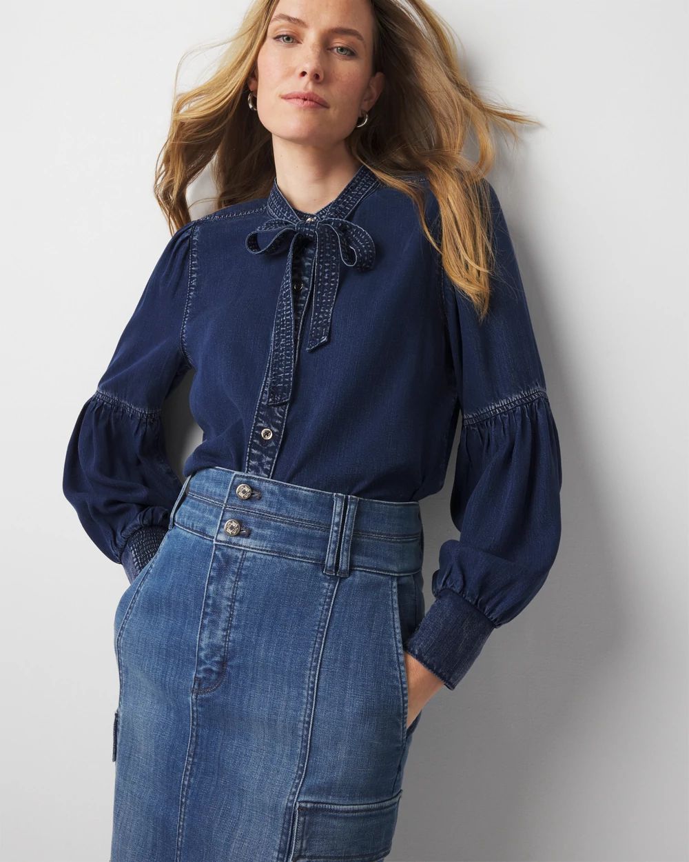 Tie-Neck Denim Shirt | White House Black Market
